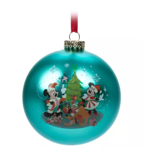 Disney Store Mickey and Minnie Glass Festive shimmer Bauble Hanging Ornament