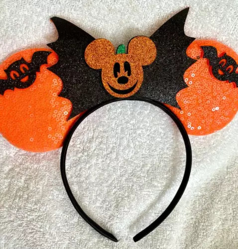 Minnie Mouse Mickey Black sequence glitter pumpkin orange ear headband