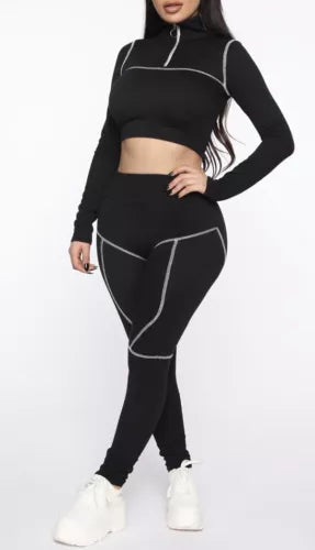 Women’s Black Long Sleeve Cropped Contrast High Rise 2pc