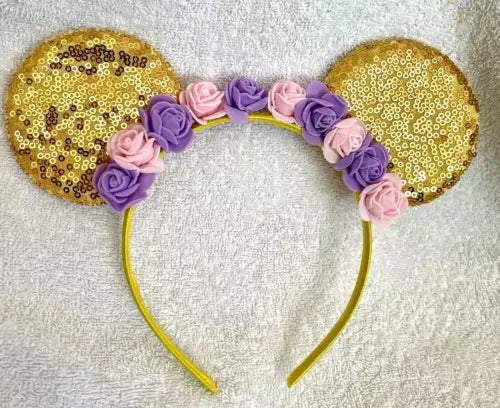 Minnie Mouse Gold sequence glitter Pink floral ears headband