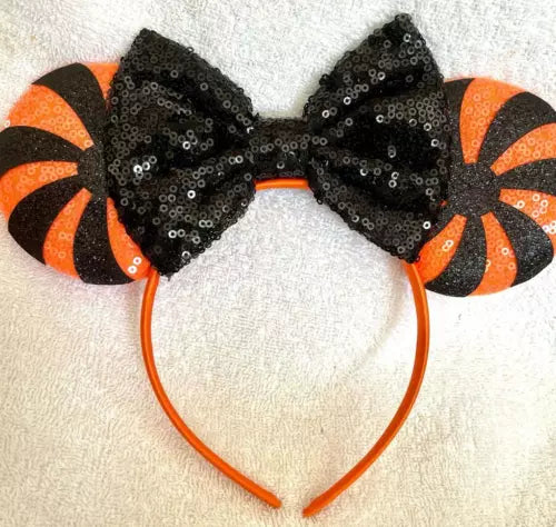 Minnie Mouse Black sequence glitter pumpkin orange ears headband