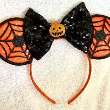 Minnie Mouse Black sequence glitter pumpkin web orange ears headband