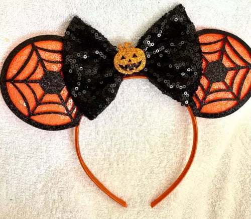 Minnie Mouse Black sequence glitter pumpkin web orange ears headband