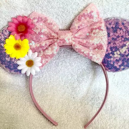 Minnie Mouse Pink sequence glitter sunflower floral headband