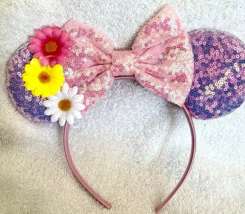 Minnie Mouse Pink sequence glitter sunflower floral headband