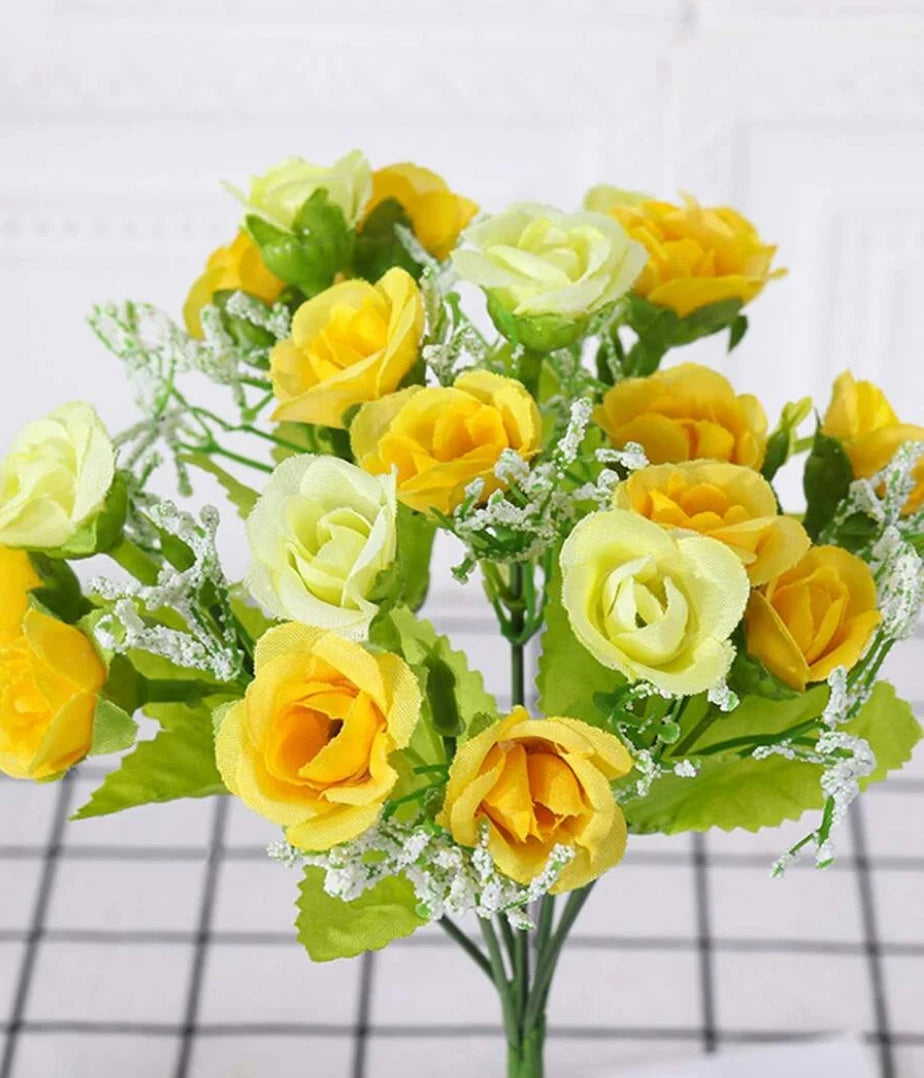 1pc Artificial Yellow Rose Faux Fabric Flower Bouquet Bundle For Home Decor