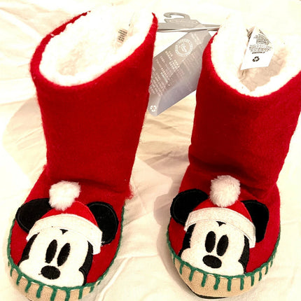 Disney Store Mickey Mouse fur slippers indoor boots Red Christmas Kids UK 9/10