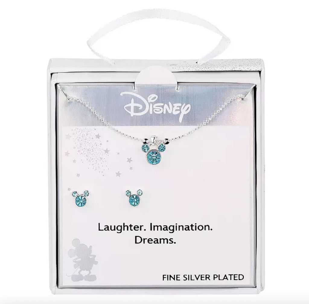 Disney Mickey Mouse Fine Silver Plated Aquamarine Crystal Pendant Necklace Stud