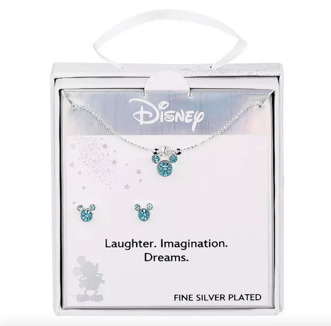 Disney Mickey Mouse Fine Silver Plated Aquamarine Crystal Pendant Necklace Stud