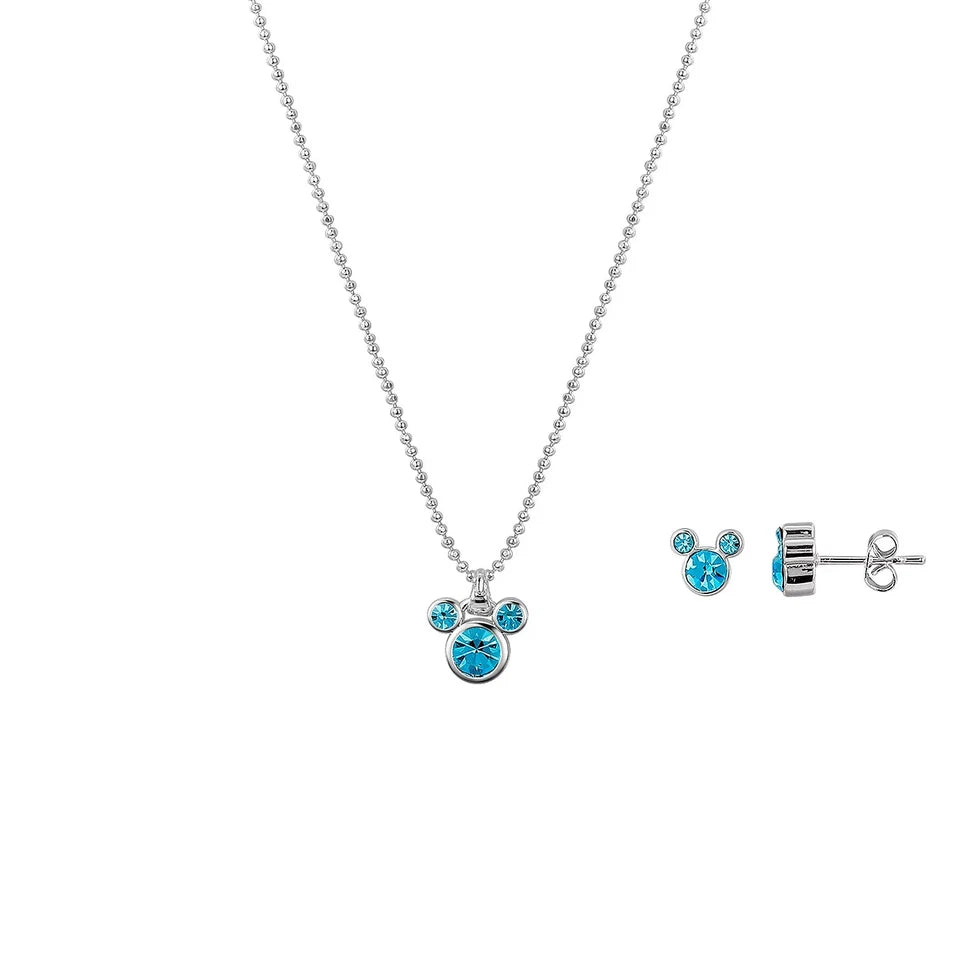 Disney Mickey Mouse Fine Silver Plated Aquamarine Crystal Pendant Necklace Stud