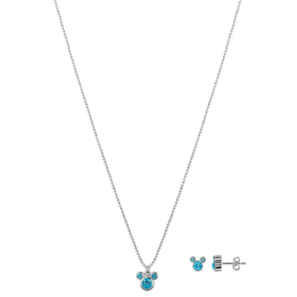 Disney Mickey Mouse Fine Silver Plated Aquamarine Crystal Pendant Necklace Stud