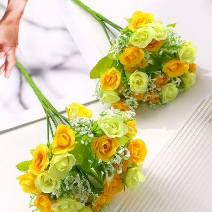 1pc Artificial Yellow Rose Faux Fabric Flower Bouquet Bundle For Home Decor
