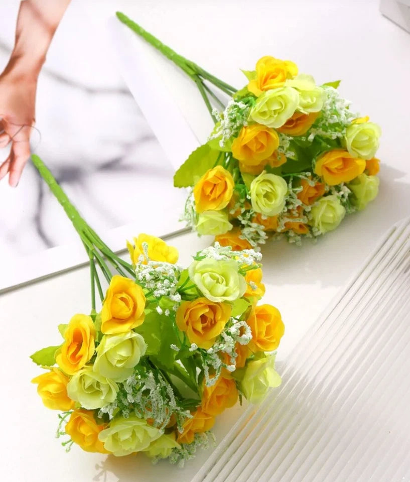 1pc Artificial Yellow Rose Faux Fabric Flower Bouquet Bundle For Home Decor