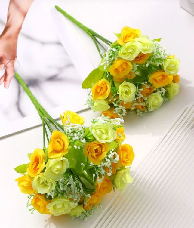 1pc Artificial Yellow Rose Faux Fabric Flower Bouquet Bundle For Home Decor