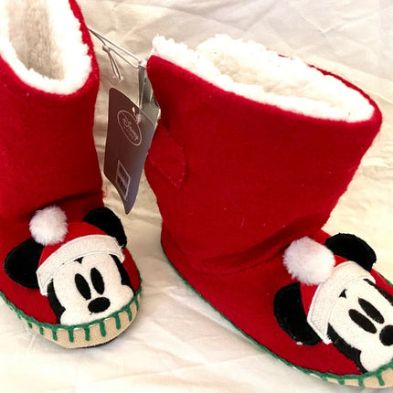 Disney Store Mickey Mouse fur slippers indoor boots Red Christmas Kids UK 9/10