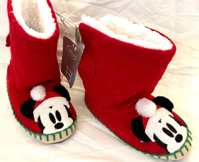 Disney Store Mickey Mouse fur slippers indoor boots Red Christmas Kids UK 9/10