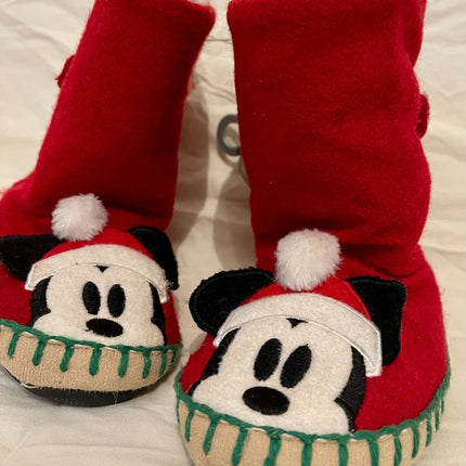 Disney Store Mickey Mouse fur slippers indoor boots Red Christmas Kids UK 9/10