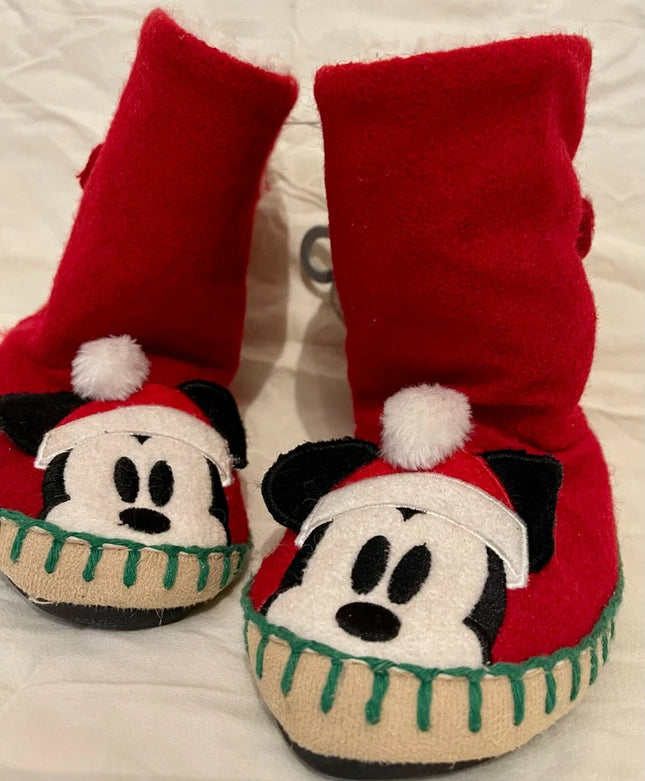 Disney Store Mickey Mouse fur slippers indoor boots Red Christmas Kids UK 9/10