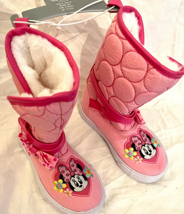 Disney Official Minnie Mouse warm boots Pink Kids applique embroidery Size UK 9