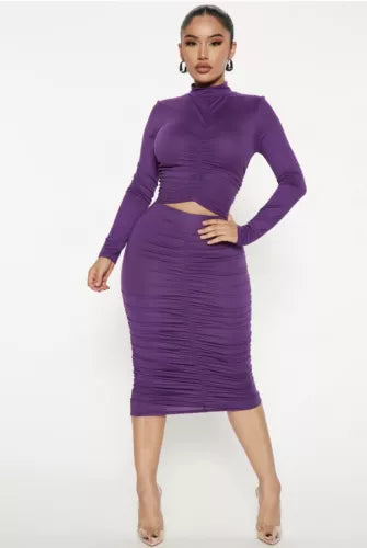 Women’s 2 Piece Fashion Long Top And Ruched Midi Skirt Set Purple