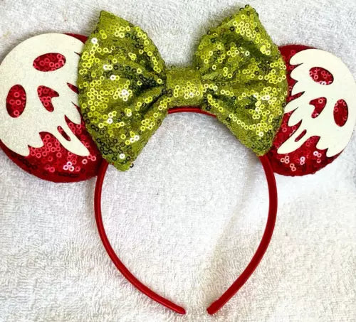 Minnie Mouse Red Green sequence glitter spooky ears ghost headband