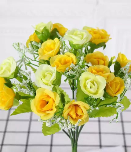 Artificial Yellow Rose Faux Fabric Flower Bouquet Bundle For Home Decor